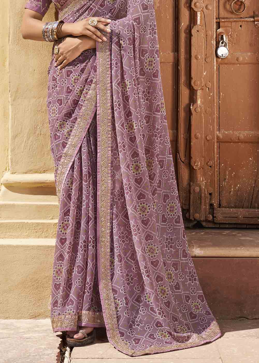 Buy MySilkLove Quicksand Purple Patola Print Georgette Saree With Embroidered Blouse Online