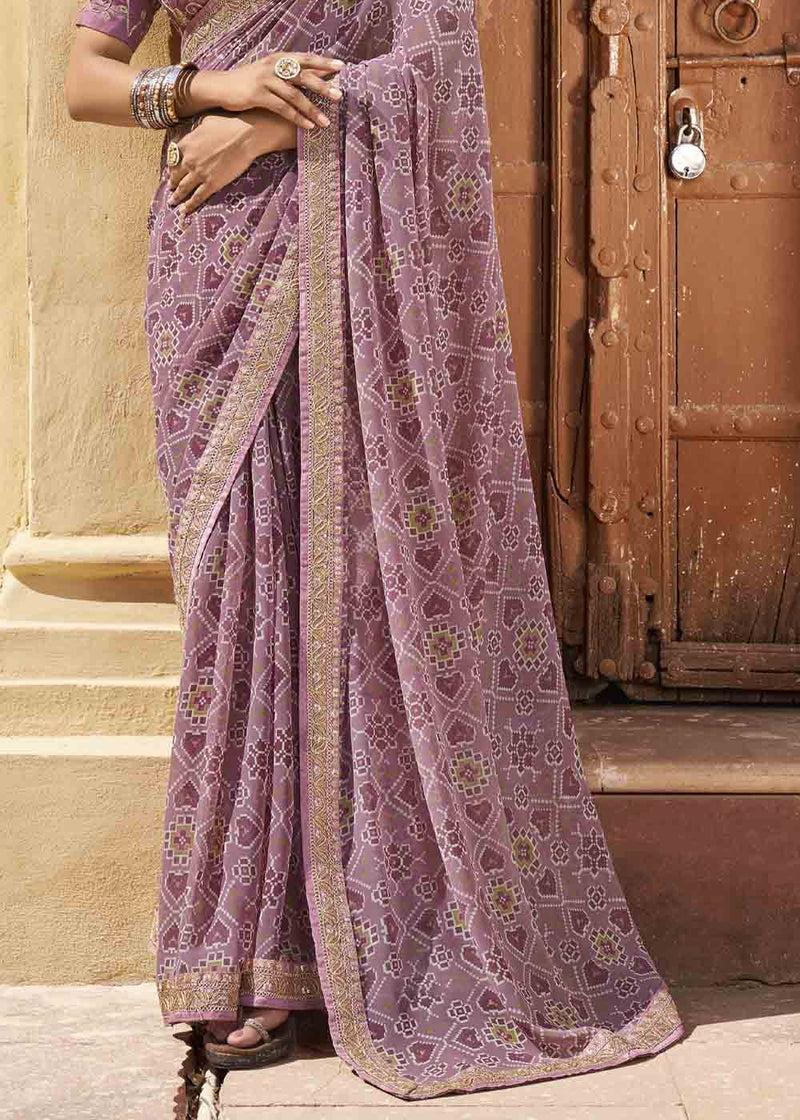 Quicksand Purple Patola Print Georgette Saree With Embroidered Blouse