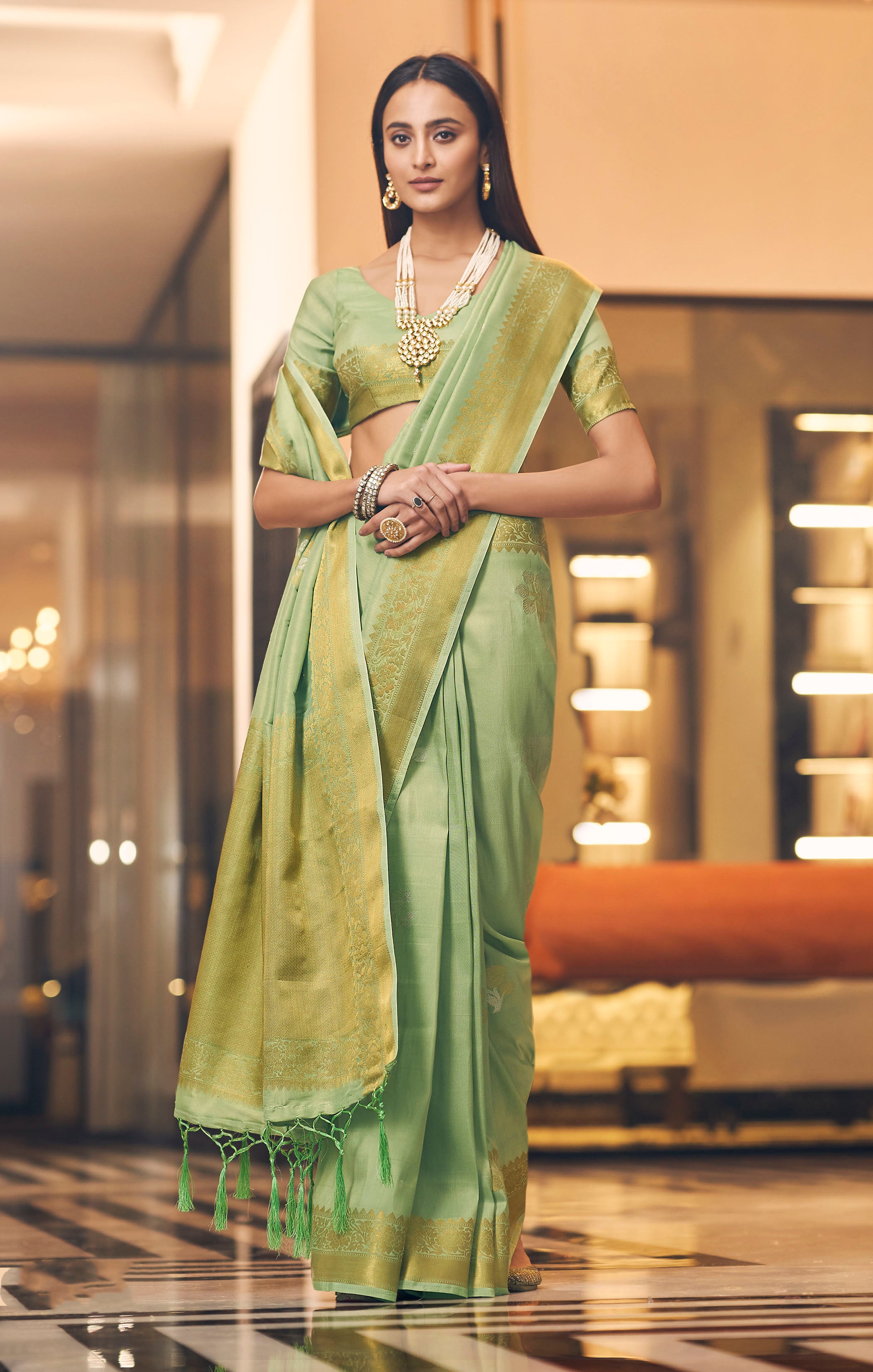 Buy MySilkLove Swamp Green Zari Woven Tissue Banarasi Saree Online