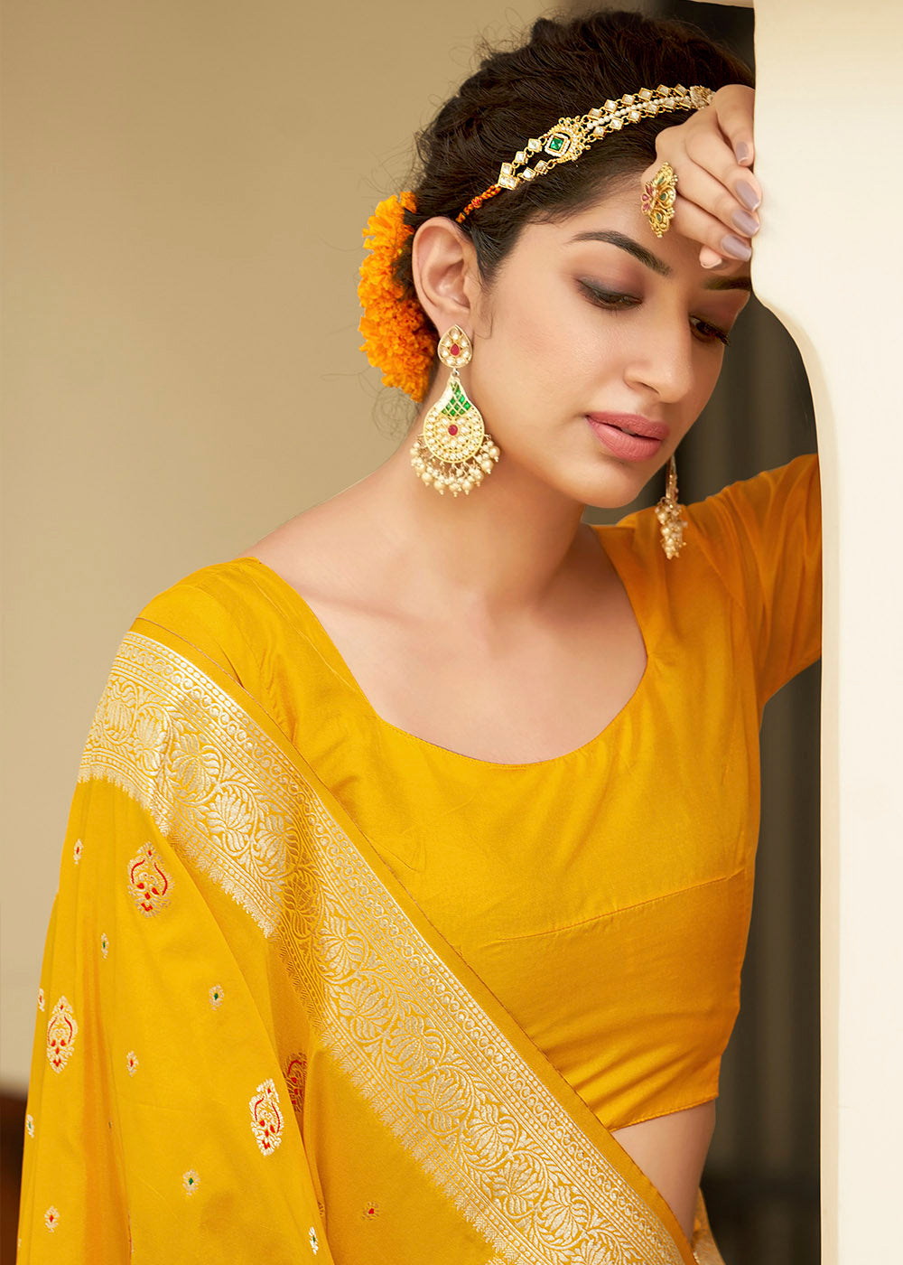 Buy MySilkLove Saffron Yellow Zari Woven Banarasi Silk Saree with Butti Work Online