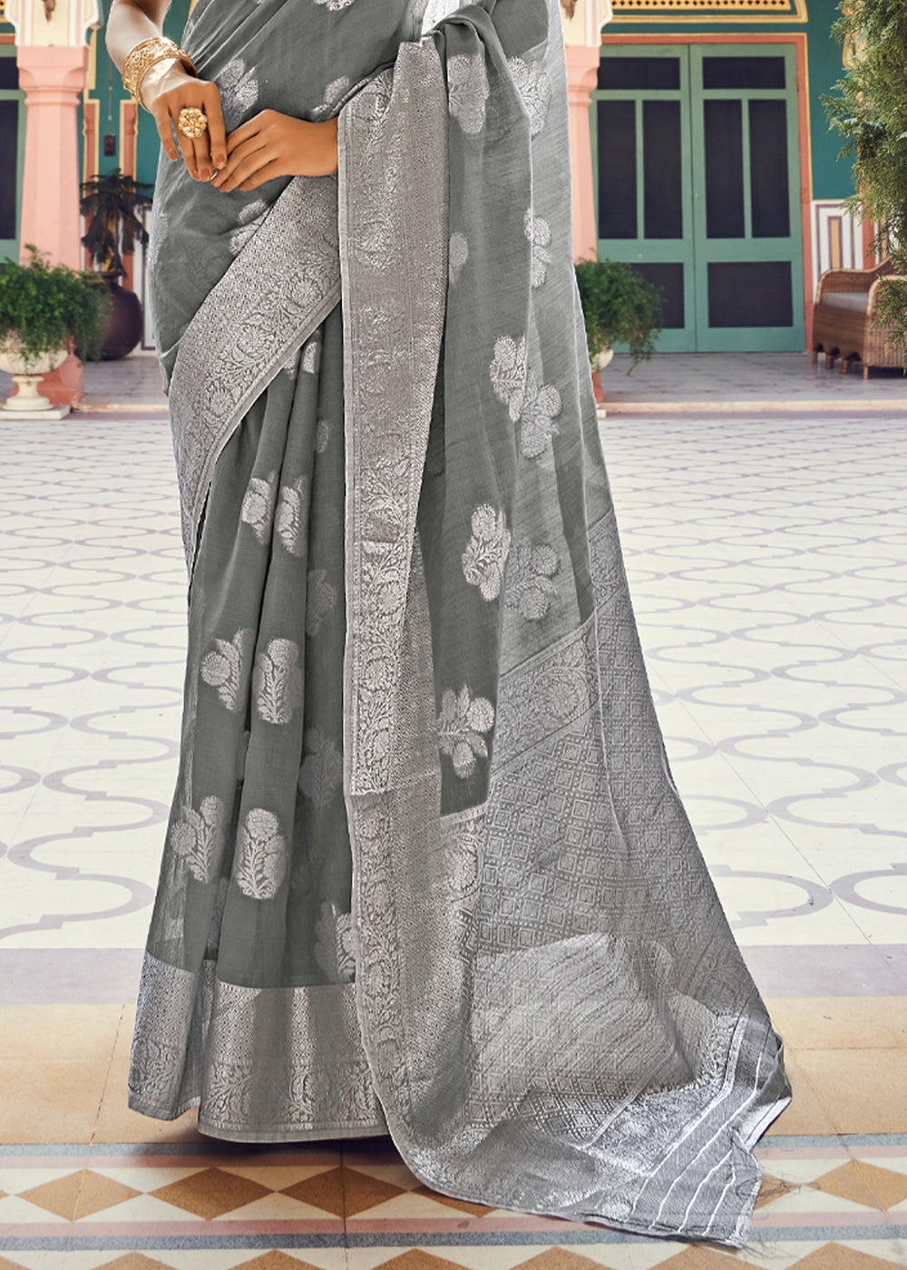 Buy MySilkLove Tapa Grey Zari Woven Banarasi Linen Saree Online