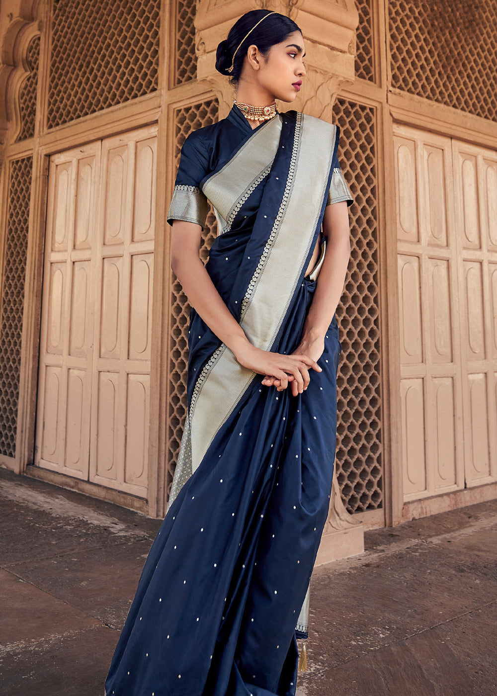 Buy MySilkLove Big Stone Blue Woven Banarasi Satin Silk Saree Online