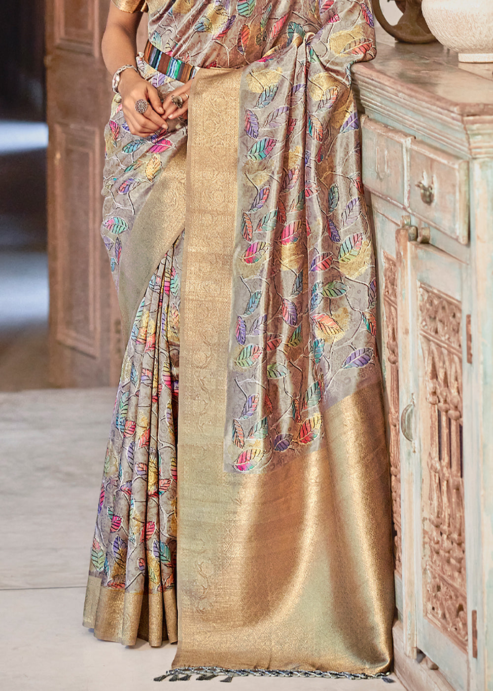 Buy MySilkLove Stack Grey Digital Printed Banarasi Saree Online