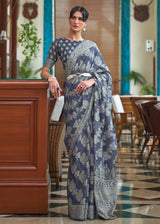 Coral Pearl Bluish Grey Lucknowi Chikankari Woven Saree
