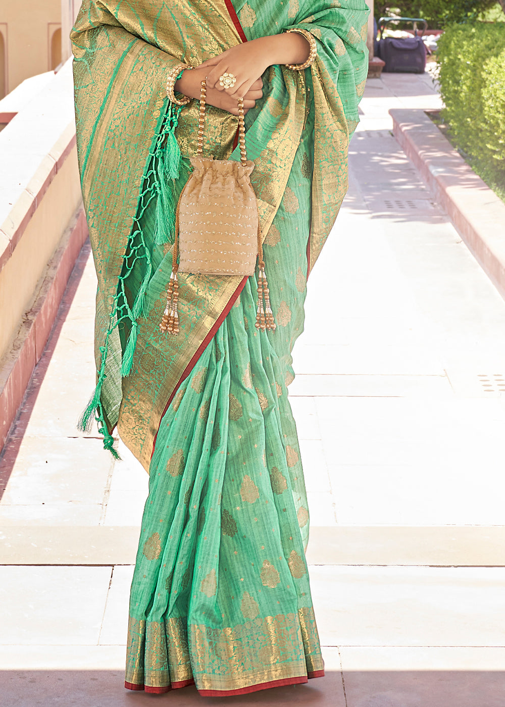 Buy MySilkLove Spring Green Zari Woven Banarasi Linen Saree Online