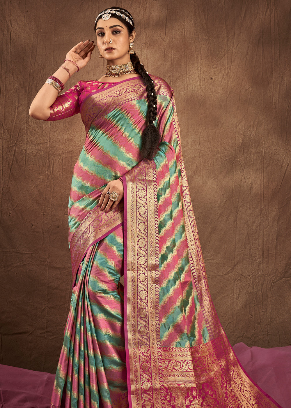 Buy MySilkLove Battleship Green and Pink Woven Rangkath Banarasi Silk Saree Online