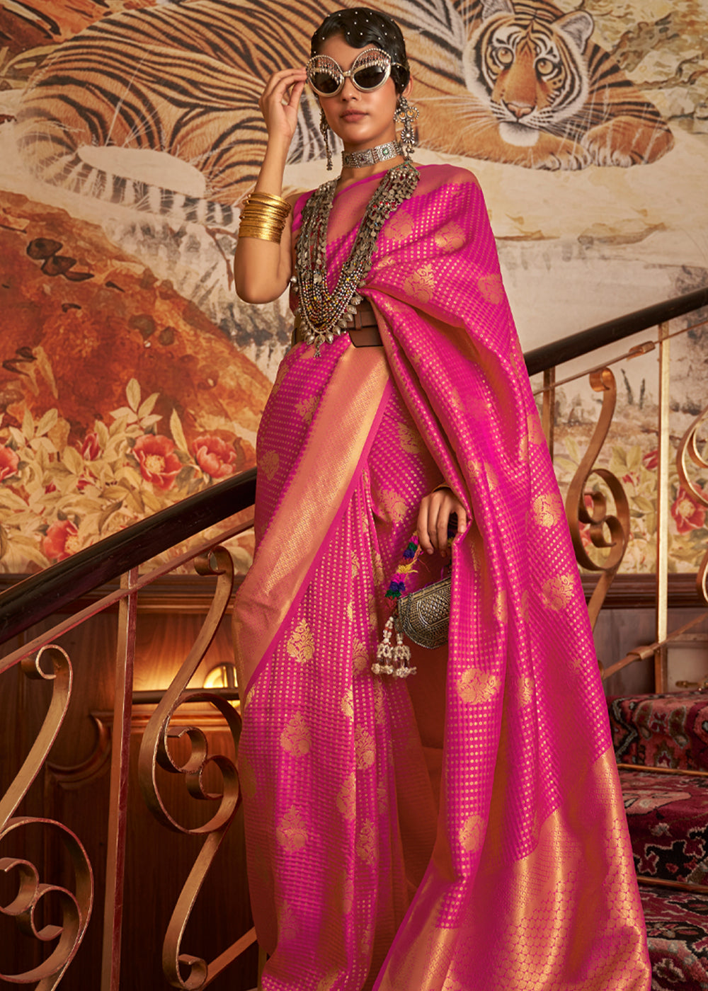 Buy MySilkLove Brink Dark Pink Zari Woven Banarasi Saree Online