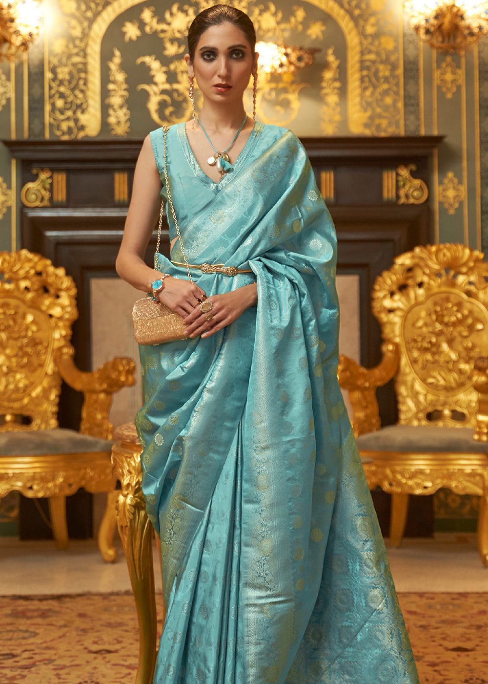 Buy MySilkLove Gulf Stream Blue Zari Woven Banarasi Brocade Saree Online