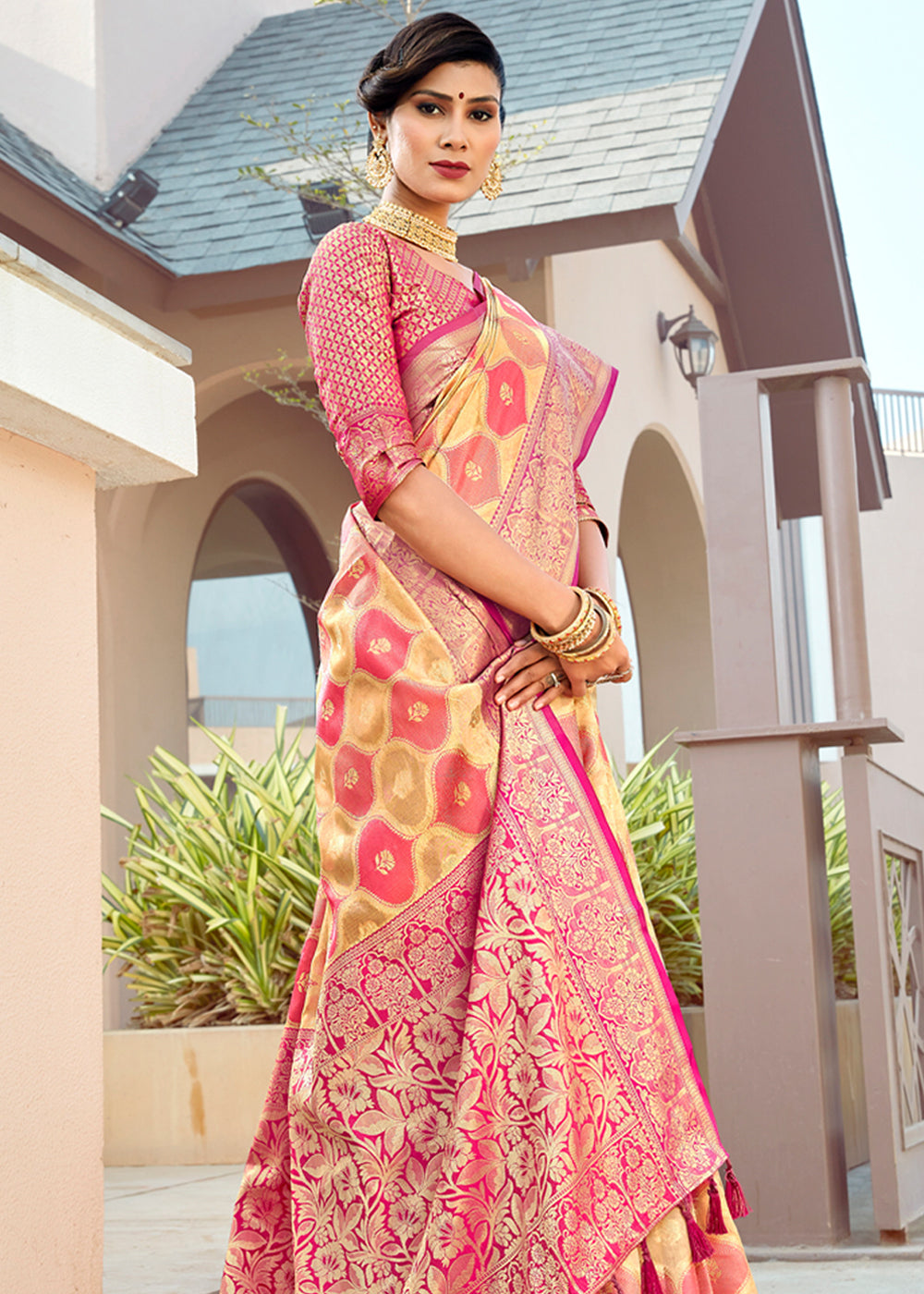 Buy MySilkLove Japonica Pink and Yellow Wonen Banarasi Rangkath Silk Saree Online