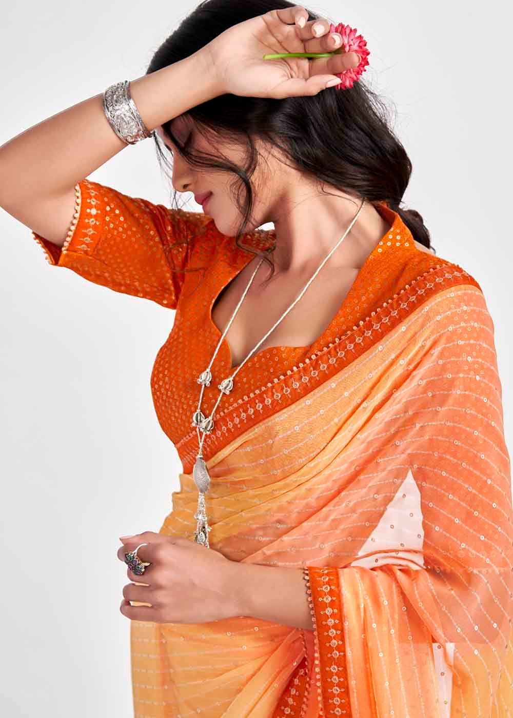 Buy MySilkLove Apricot Orange Printed Georgette Saree Online