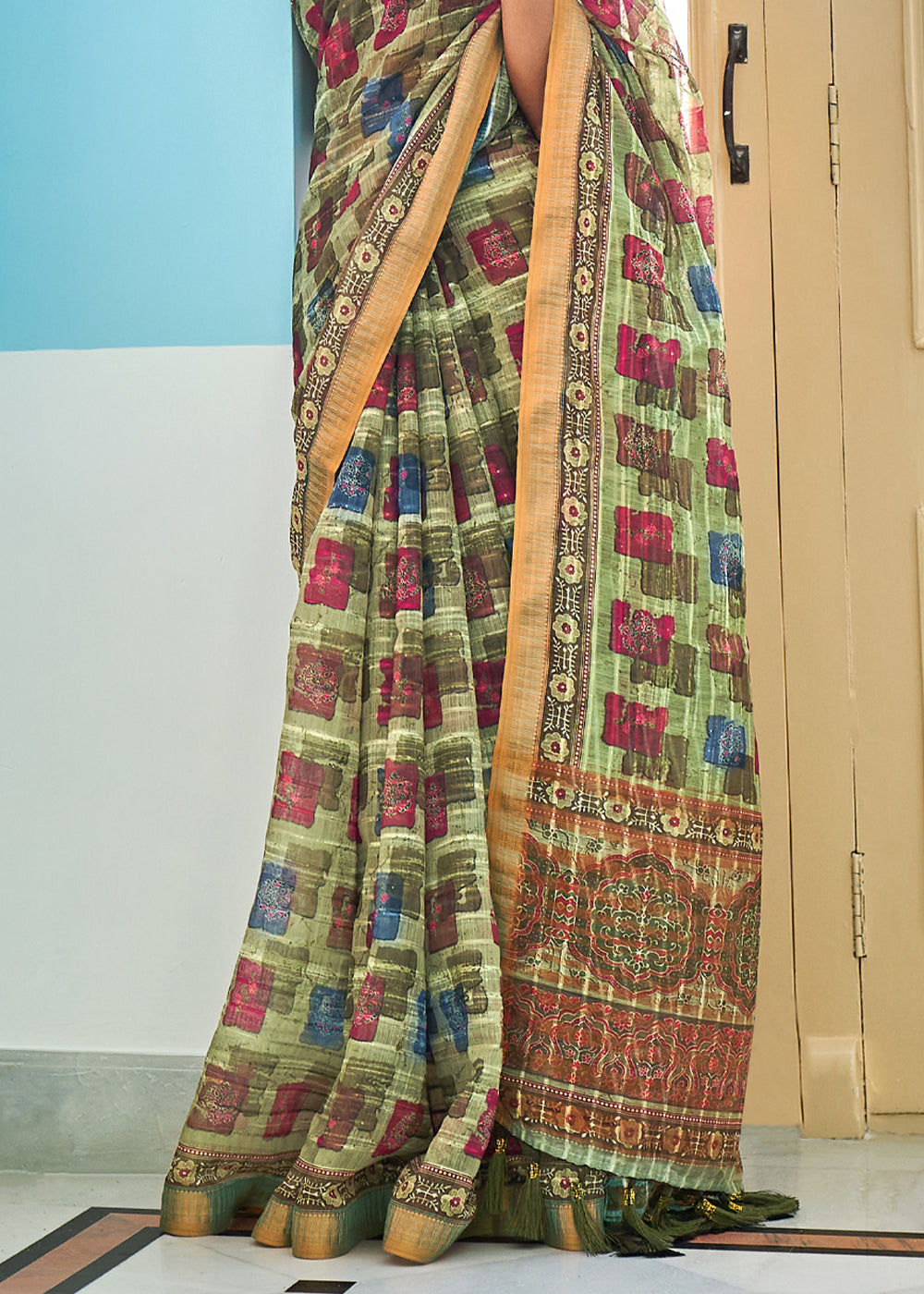 Buy MySilkLove Misty Green Printed Linen Saree Online