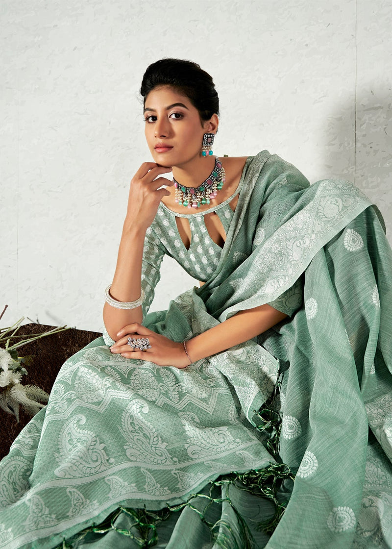 Summer Green Zari Woven Linen Saree