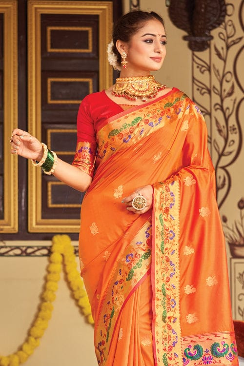 Buy MySilkLove Neon Carrot Orange Zari Woven Paithani Saree Online