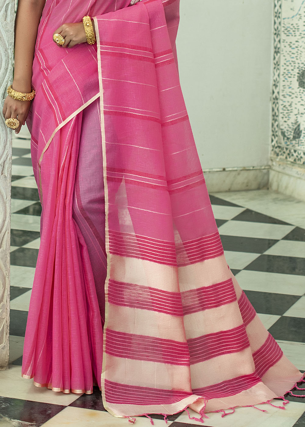 Buy MySilkLove Me Pink Zari Woven Striped Linen Saree Online