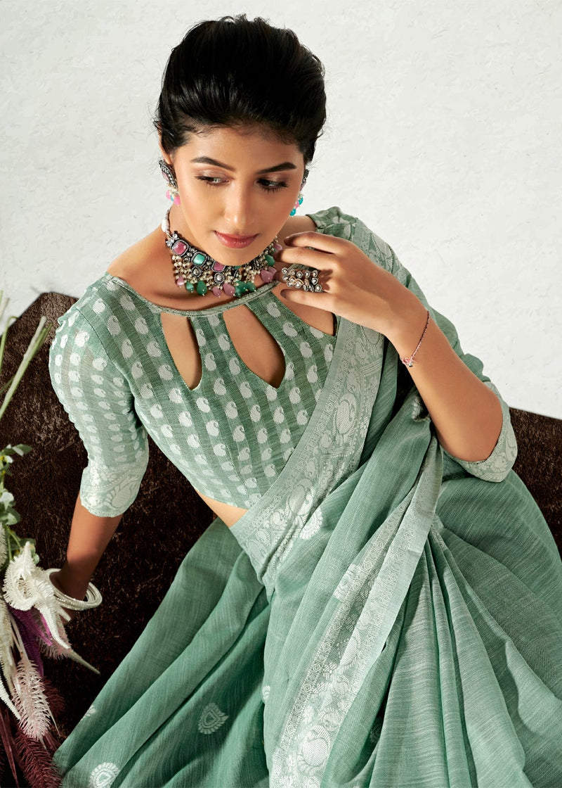 Summer Green Zari Woven Linen Saree