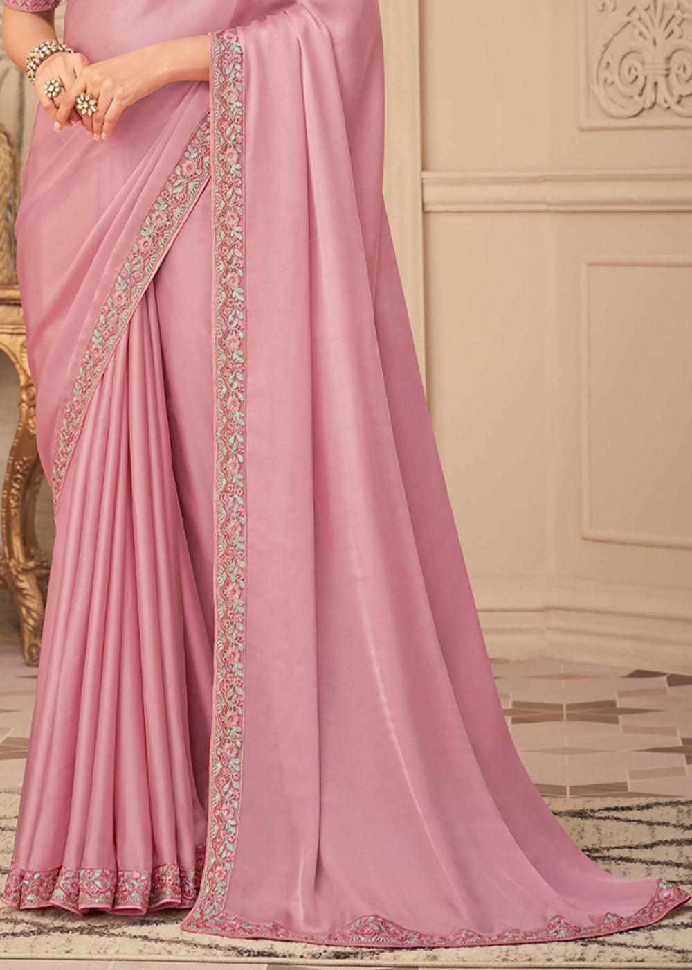 Buy MySilkLove Mandys Pink Georgette Designer Saree with Embroidered Blouse Online