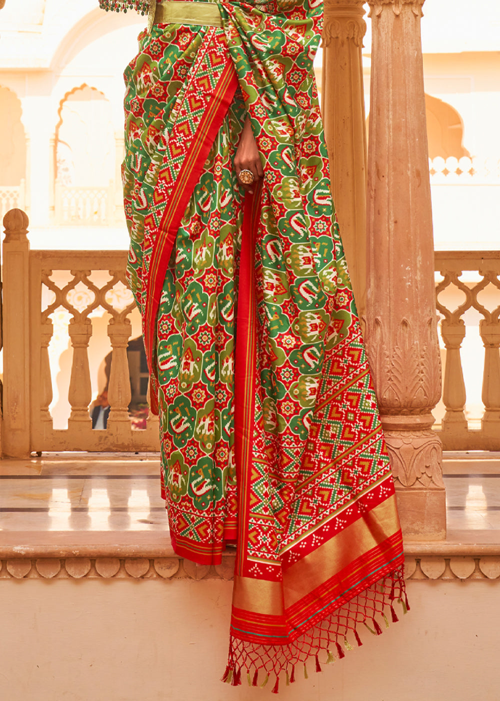 Buy MySilkLove Peridot Green and Red Printed Patola Tussar Saree Online