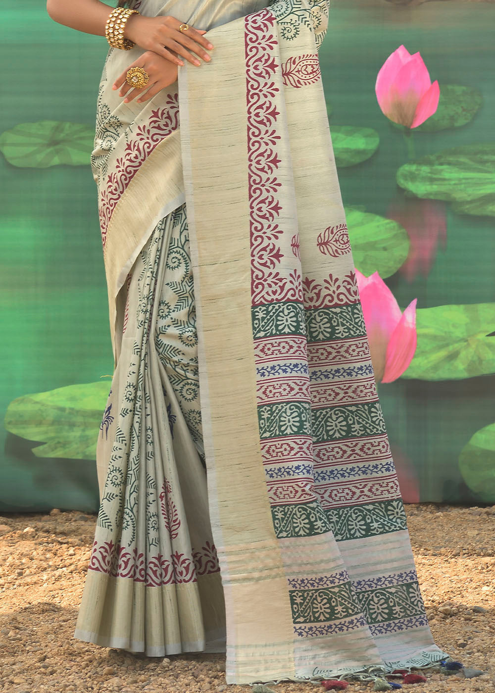 Buy MySilkLove Coral Reef Light Green Cotton Silk Printed Saree Online