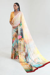 Haze White and Yellow Printed Saree