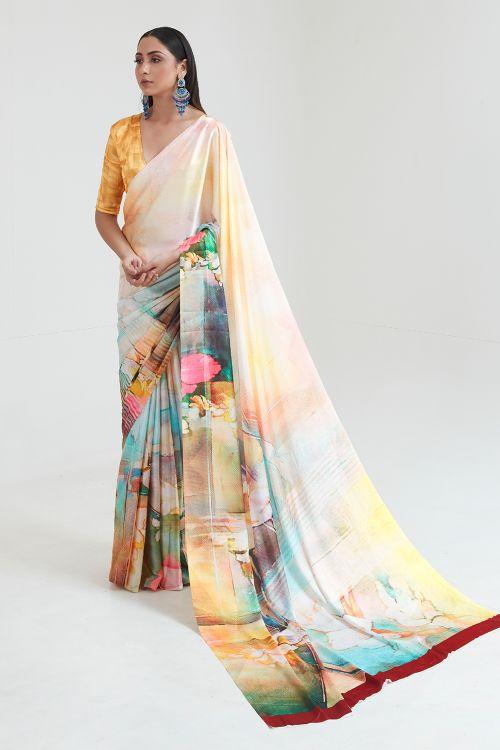 Haze White and Yellow Printed Saree