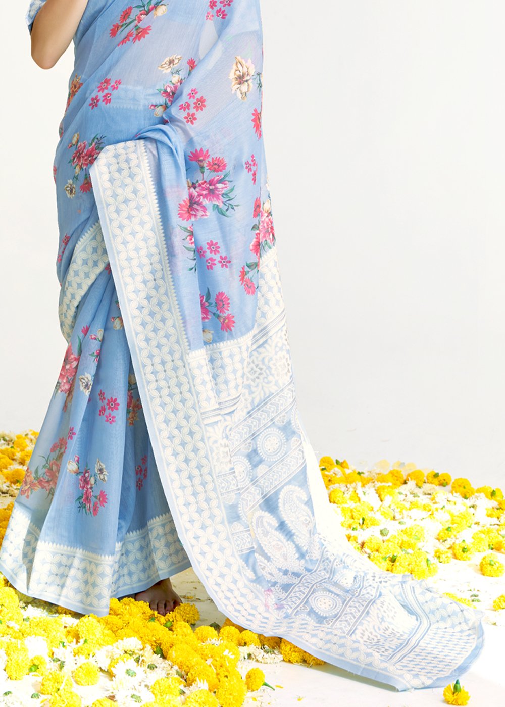 Buy MySilkLove Rock Blue Zari Woven Digital Printed Linen Saree Online