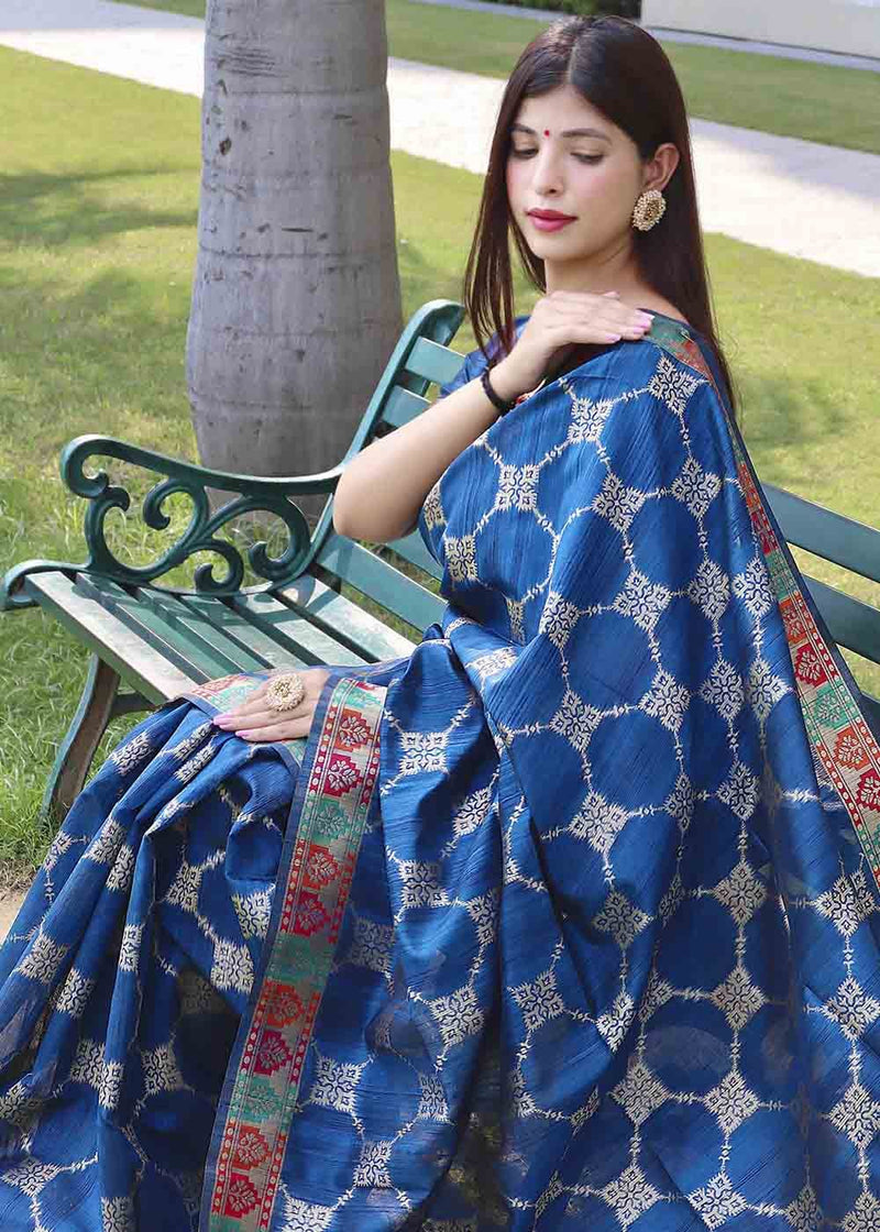 Indigo Blue Zari Woven Tussar Silk Saree