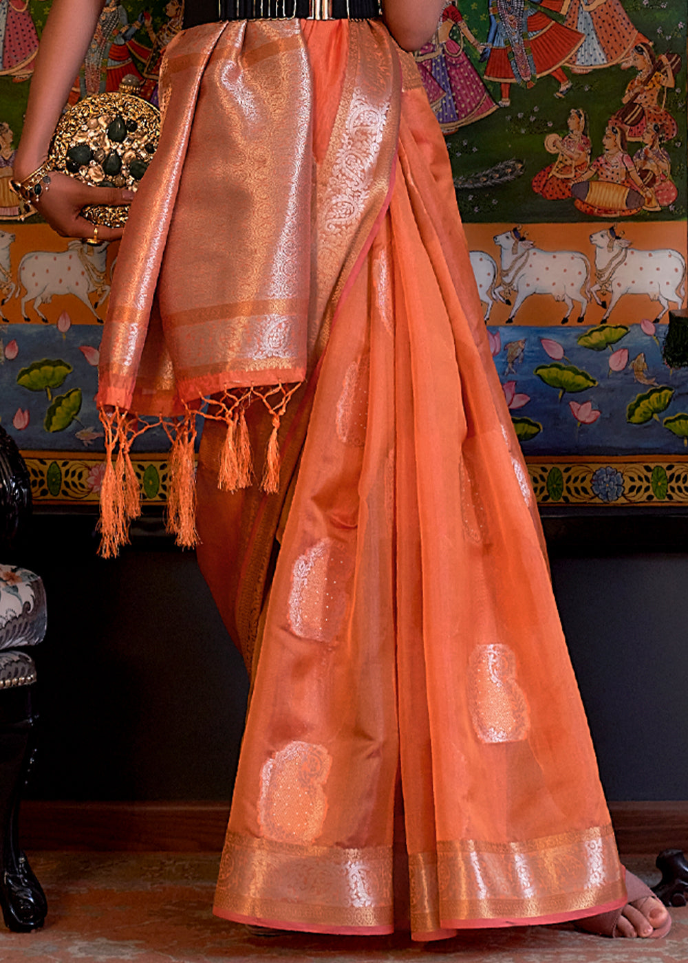 Buy MySilkLove Coral Orange Woven Banarasi Organza Silk Saree Online