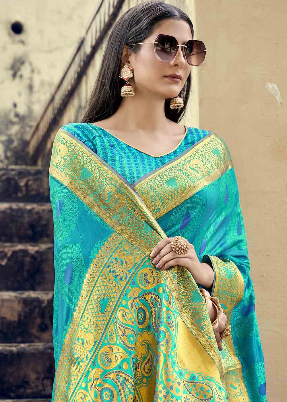 Buy MySilkLove Malachite Blue Zari Woven Banarasi Silk Saree Online