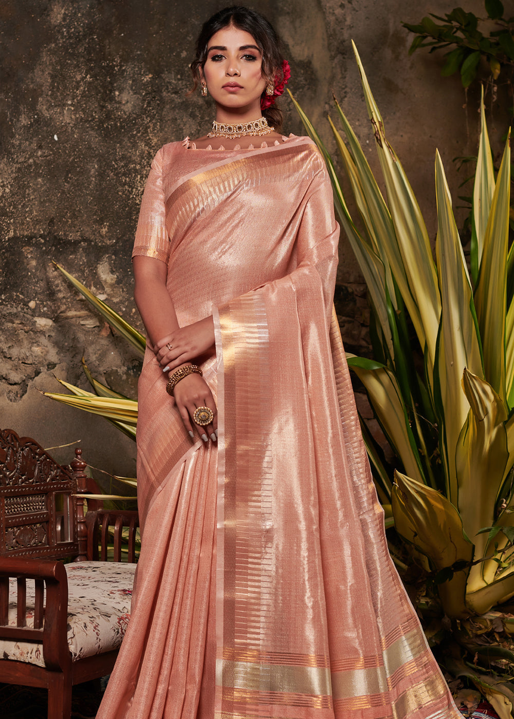 Buy MySilkLove Corvette Peach Woven Tussar Silk Saree Online