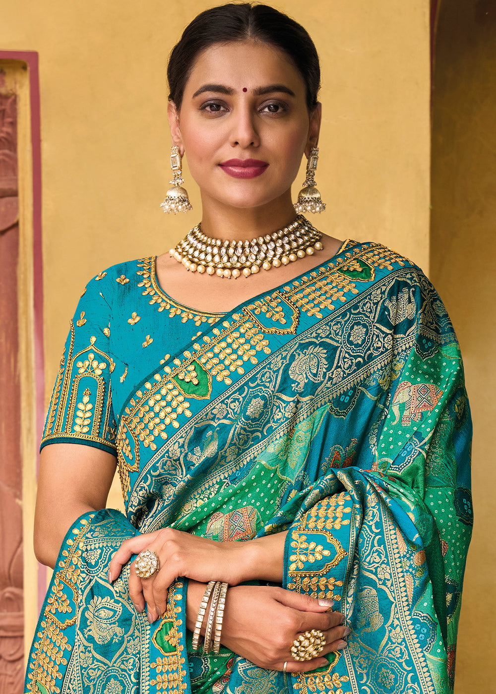 Buy MySilkLove Acapulco Blue Green Embroidered Dola Silk Saree Online