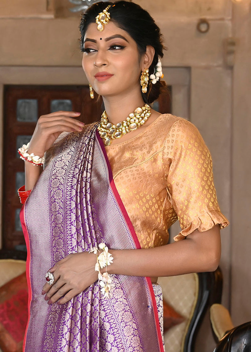Royal Purple and Silver Katan Pure Silk Handwoven Brocade Design Saree