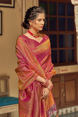 Brick Pink Zari Woven Tanchui Kanjivaram Fusion Silk Saree