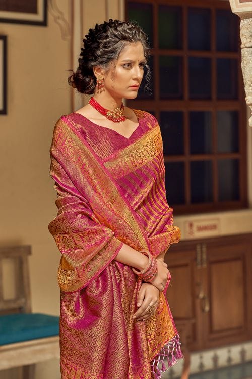 Brick Pink Zari Woven Tanchui Kanjivaram Fusion Silk Saree