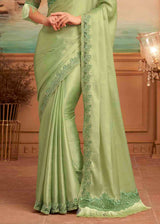 Barley Corn Green Embroidered Satin Silk Designer Saree