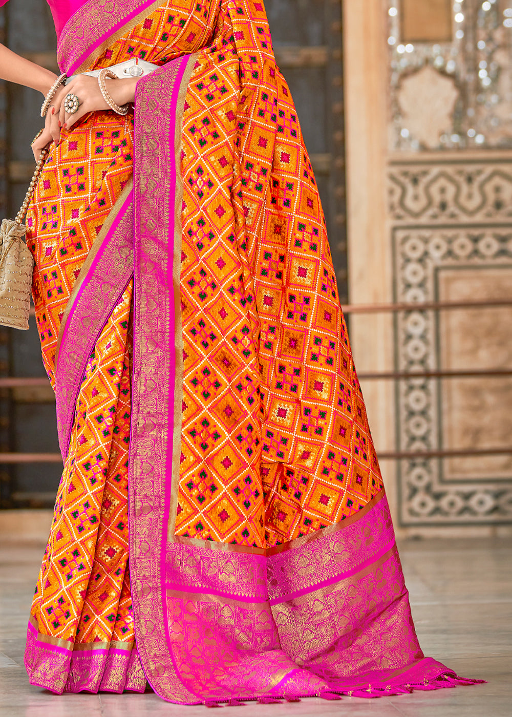 Buy MySilkLove Tango Orange and Pink Zari Woven Patola Saree Online