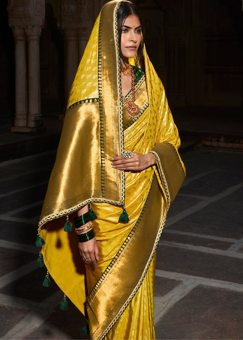 Buy MySilkLove Golden Grass Yellow and Green Zari Woven Banarasi Silk Saree Online