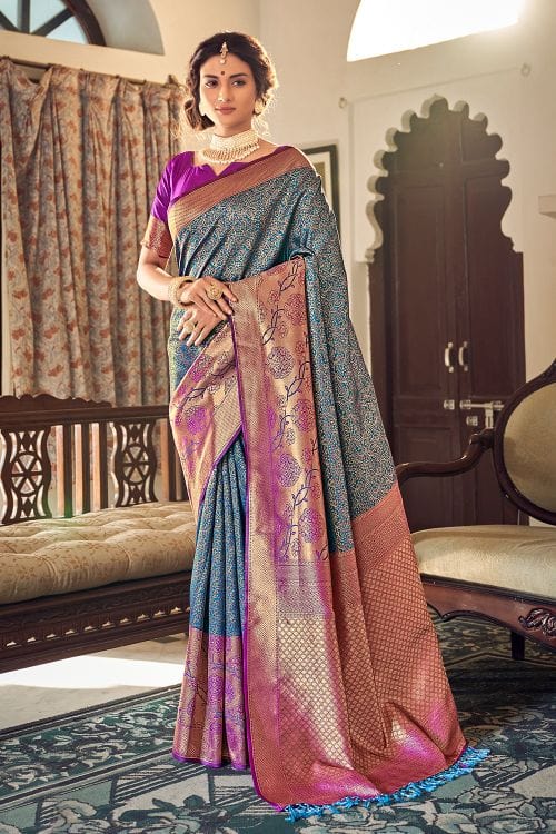 Buy MySilkLove Stone Blue and Purple Zari Woven Banarasi Saree Online