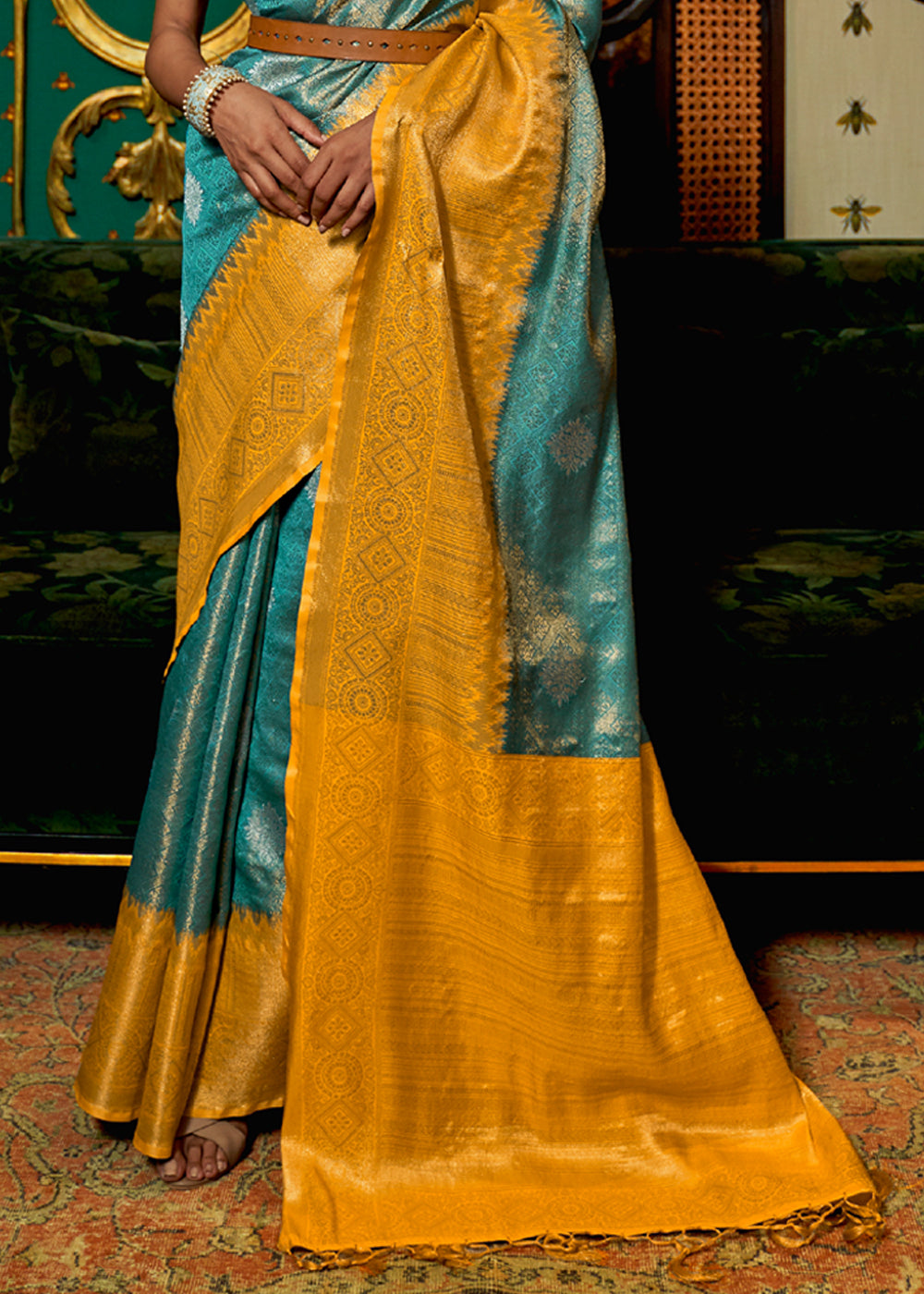 Buy MySilkLove Paradiso Blue and Yellow Zari Woven Banarasi Tussar Saree Online