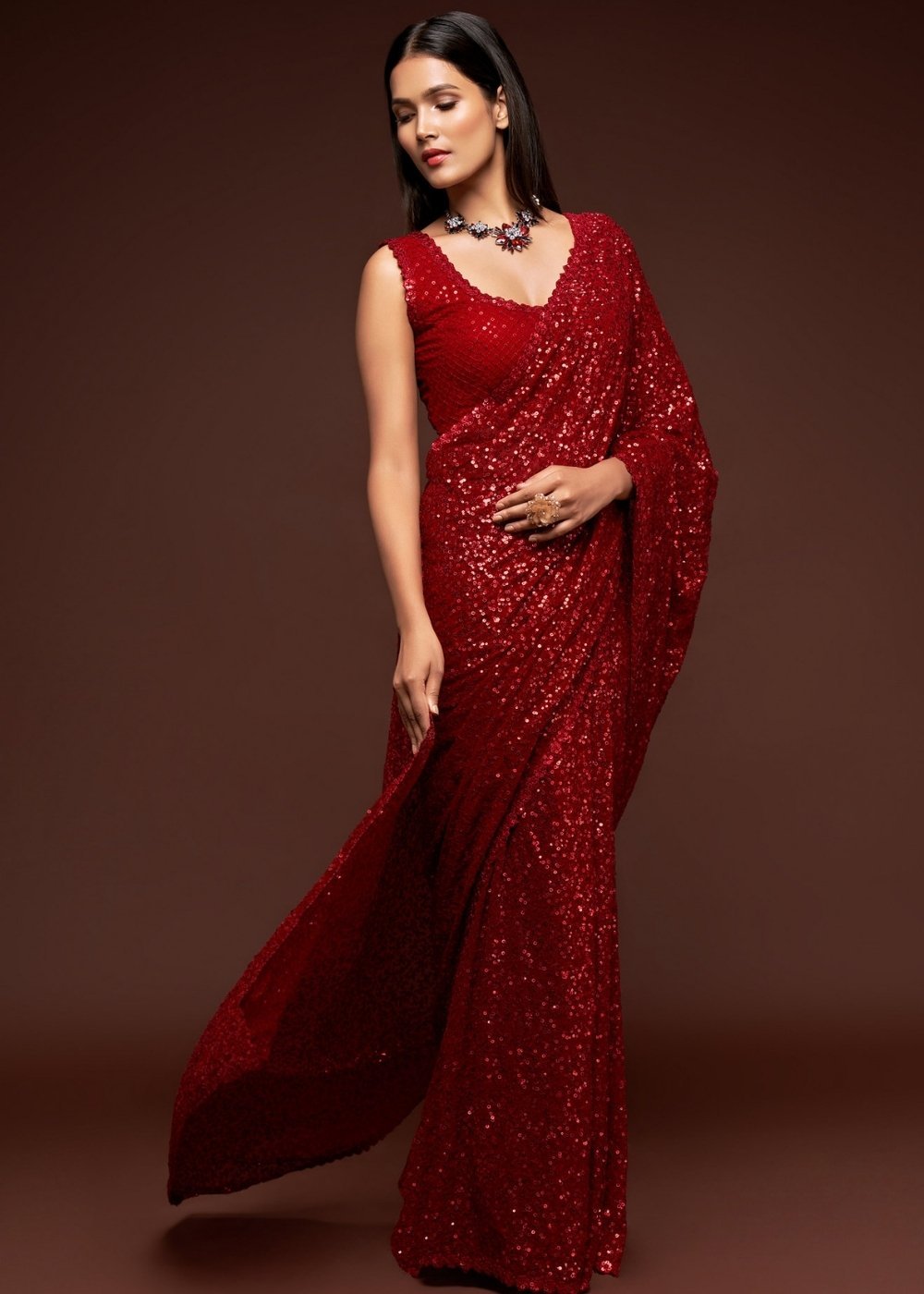 Buy MySilkLove Pueble Red Georgette Partywear Saree Online