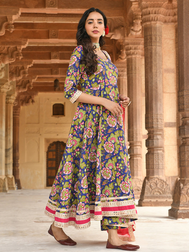East Bay Blue Cotton Floral Block Print Kurta With Pant And Dupatta