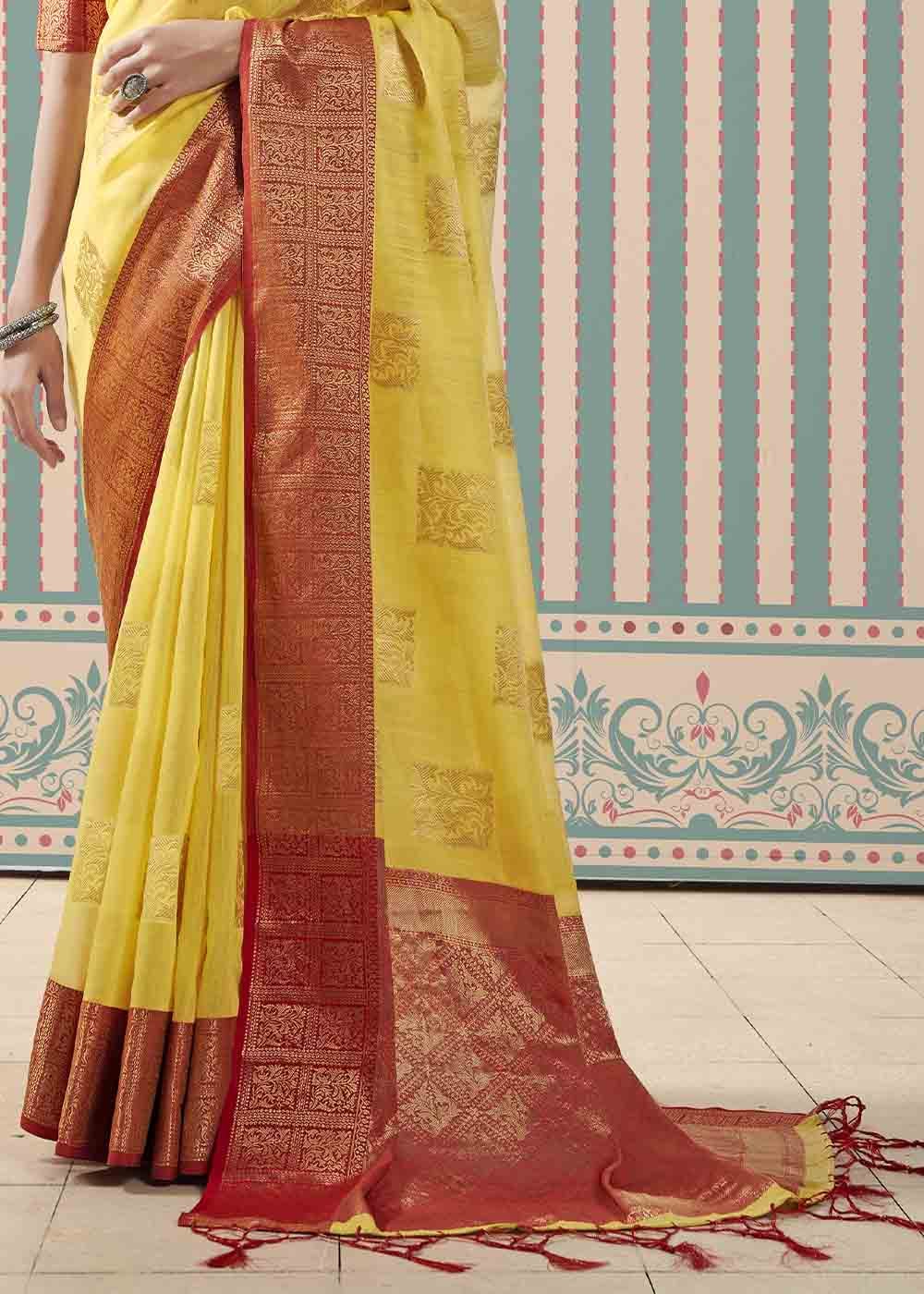 Buy MySilkLove Turmeric Yellow and Red Zari Woven Linen Saree Online