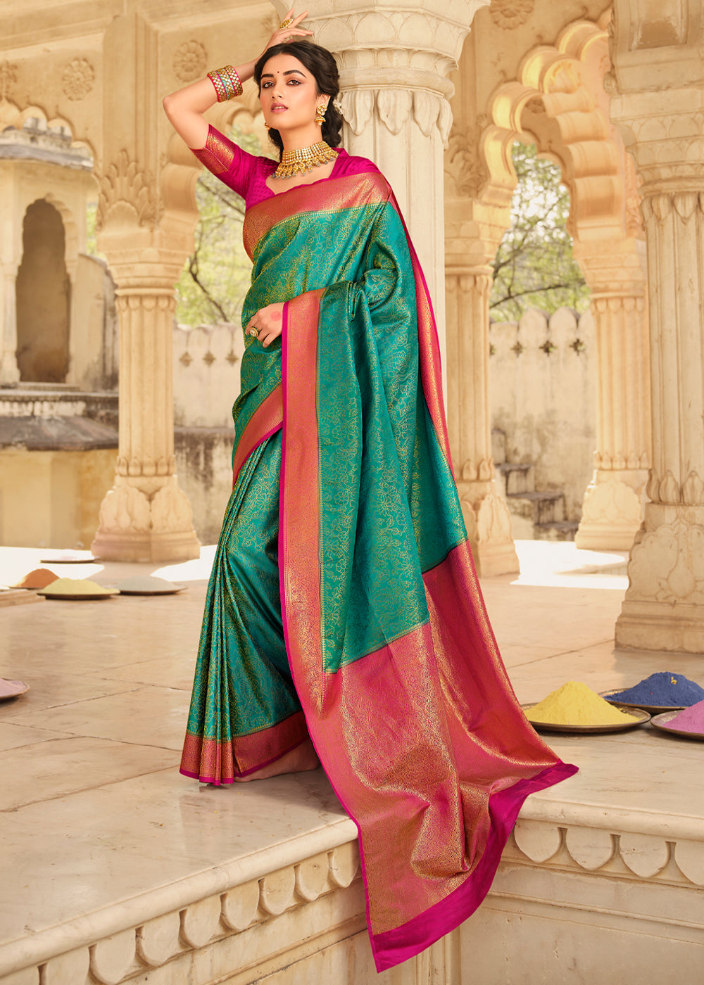 MySilkLove Emerald Blue & Pink Zari Woven Kanjivaram Saree