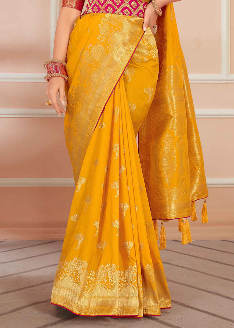 Golden Pink Yellow Zari Woven Banarasi Silk Saree