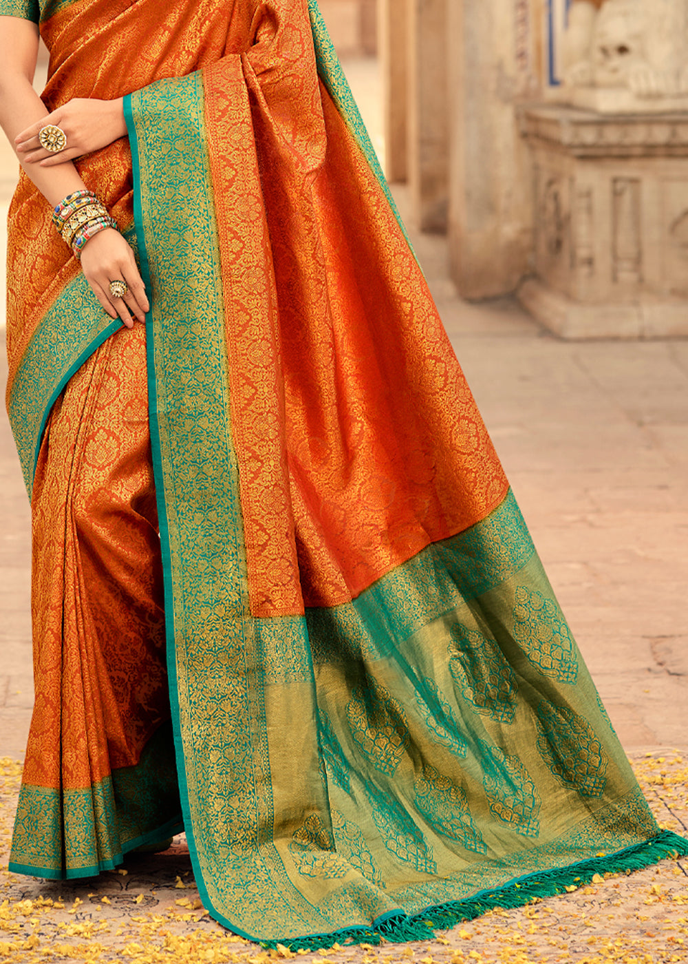 Buy MySilkLove Tango Orange and Blue Zari Woven Kanjivaram Saree Online