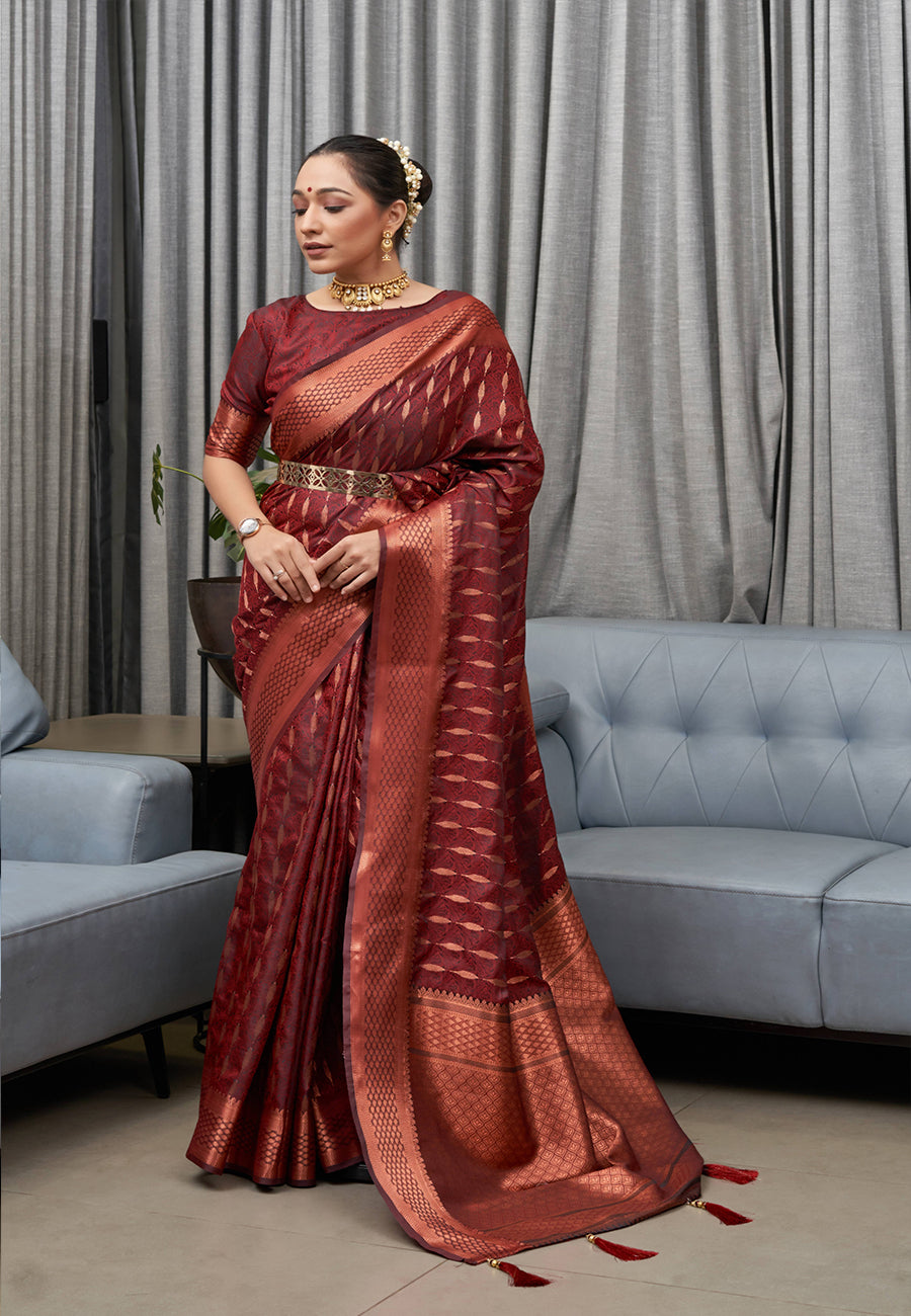 Buy MySilkLove Lotus Maroon Woven Banarasi Silk Saree Online