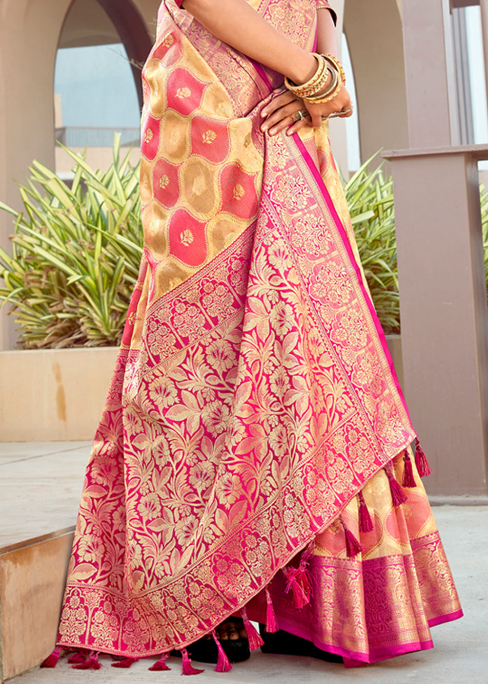 Buy MySilkLove Japonica Pink and Yellow Wonen Banarasi Rangkath Silk Saree Online