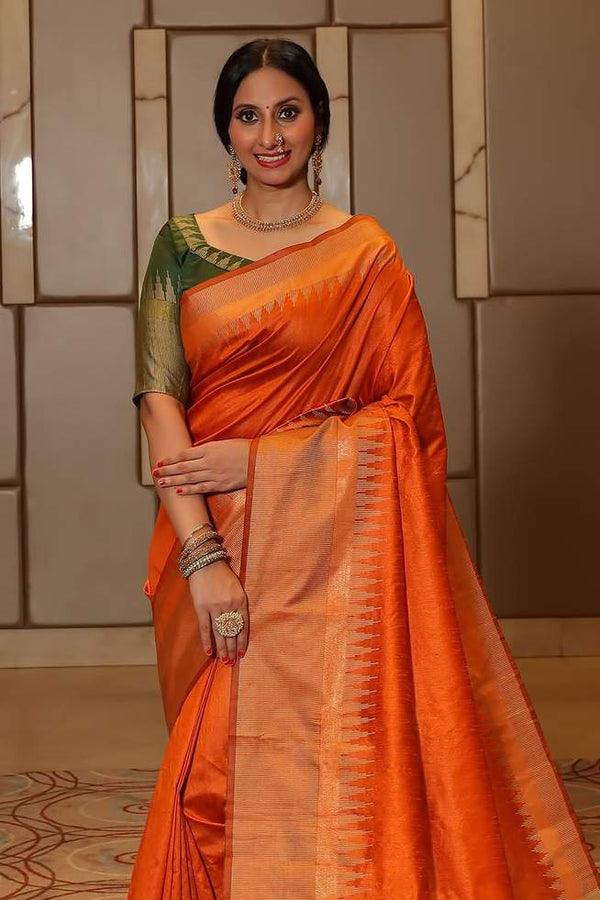 Flamingo Dark Orange Tussar Silk Saree