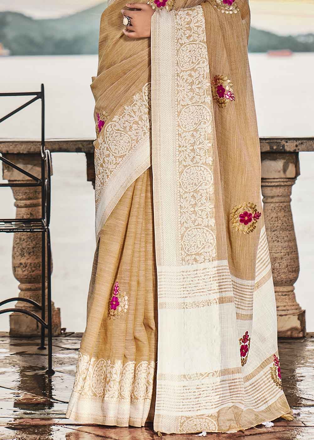 Buy MySilkLove Twine Cream Zari Woven Soft Linen Silk Saree Online