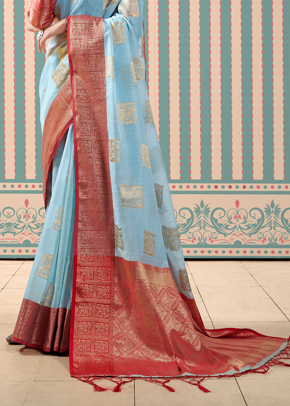 Buy MySilkLove Rock Blue Zari Woven Banarasi Brocade Linen Saree Online