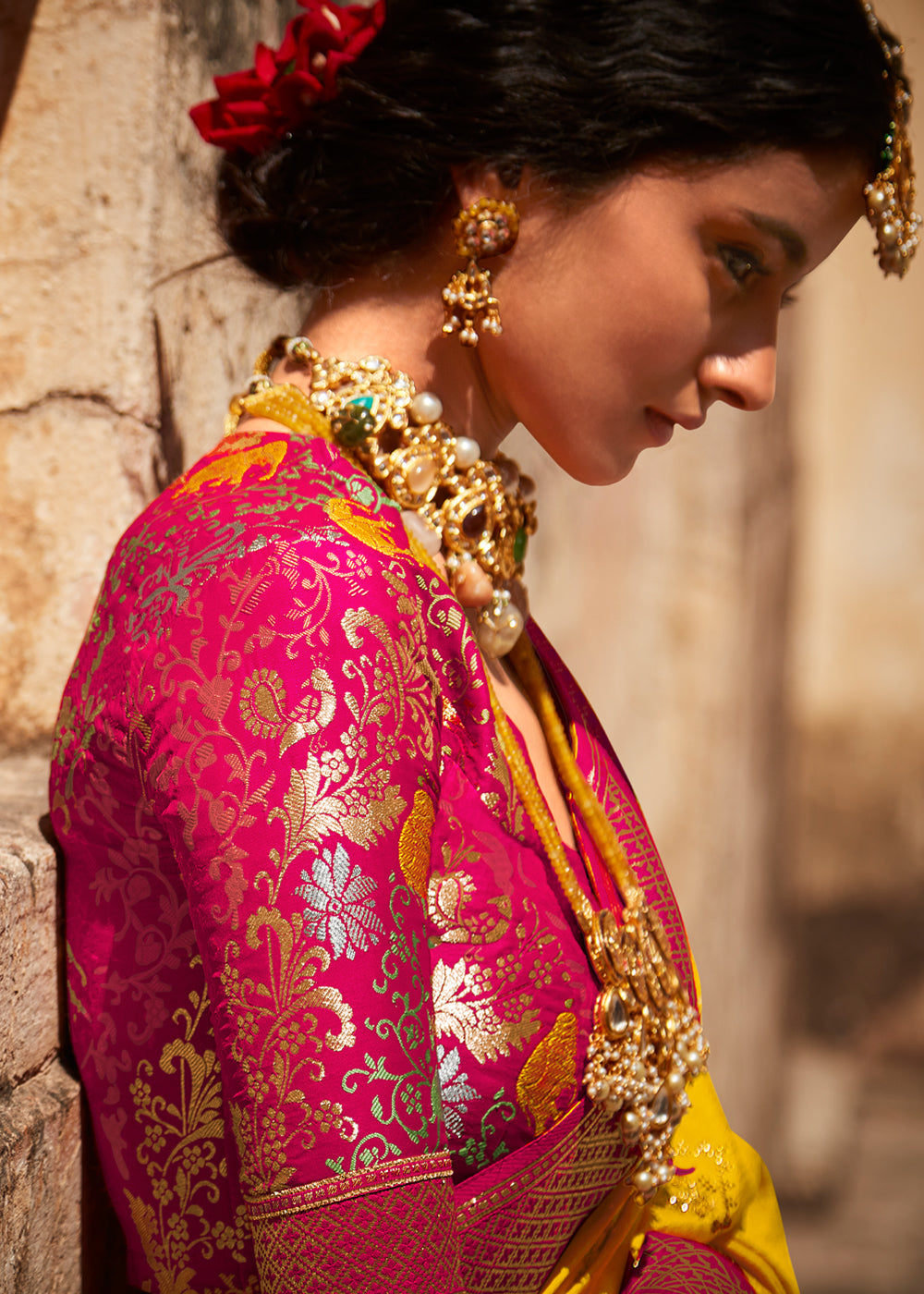 MySilkLove Fuel Yellow and Pink Zari Woven Designer Banarasi Saree